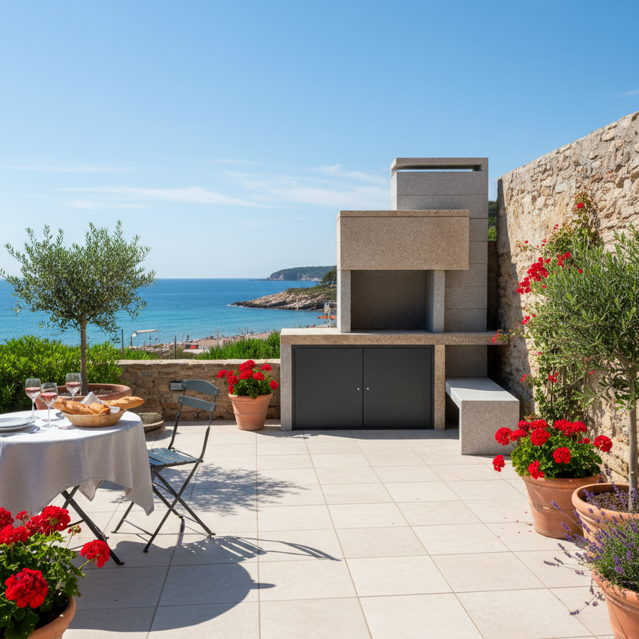 Granito 51 – Moderne Outdoor-Küche aus Granit mit 70 cm Grill und geschlossenem Stauraum