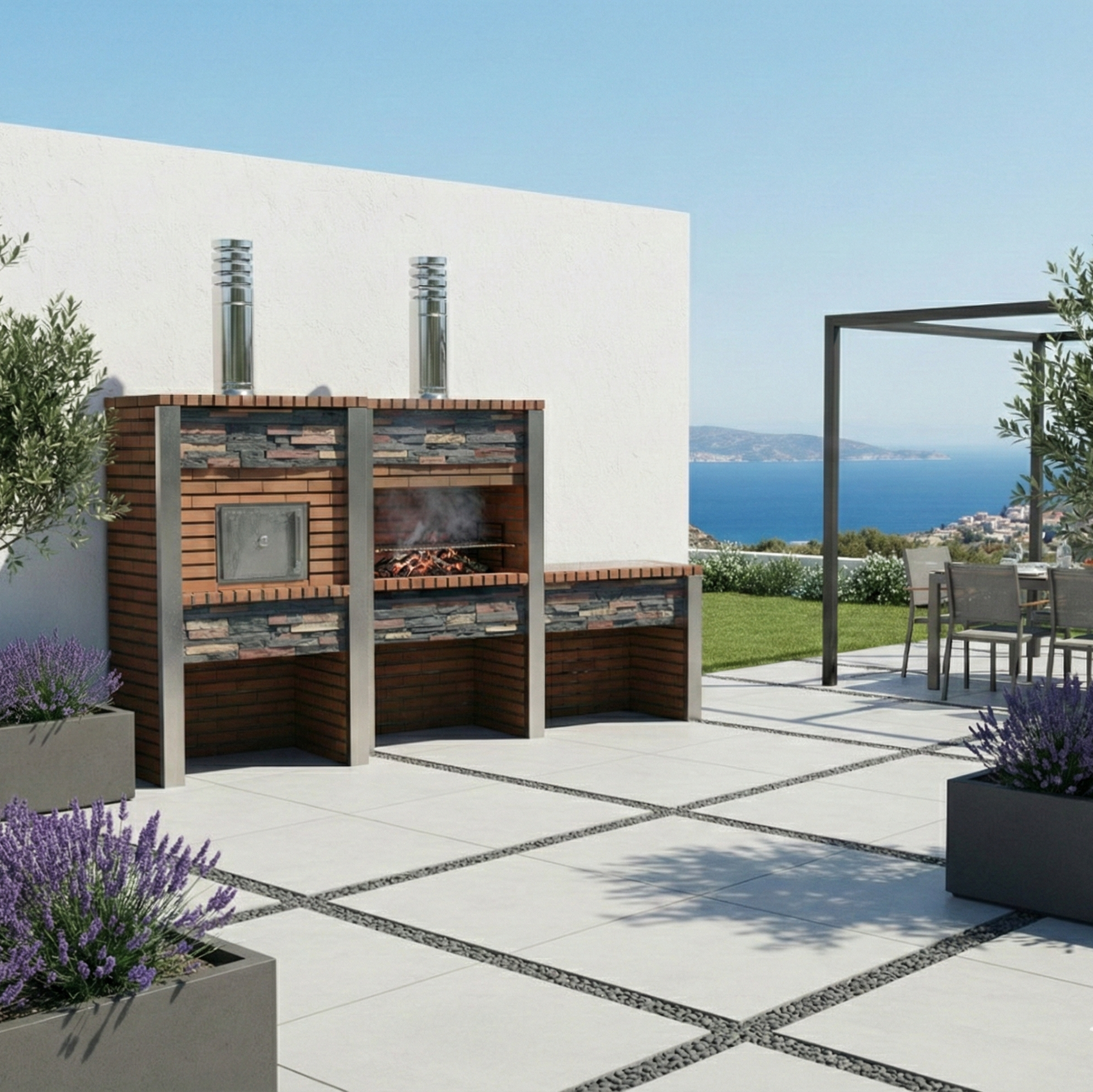 Inoxa 307 – Premium-Außenküche aus Kunststein mit Ø75 cm Backofen + 80×38 Grill und Sandsteinplatte