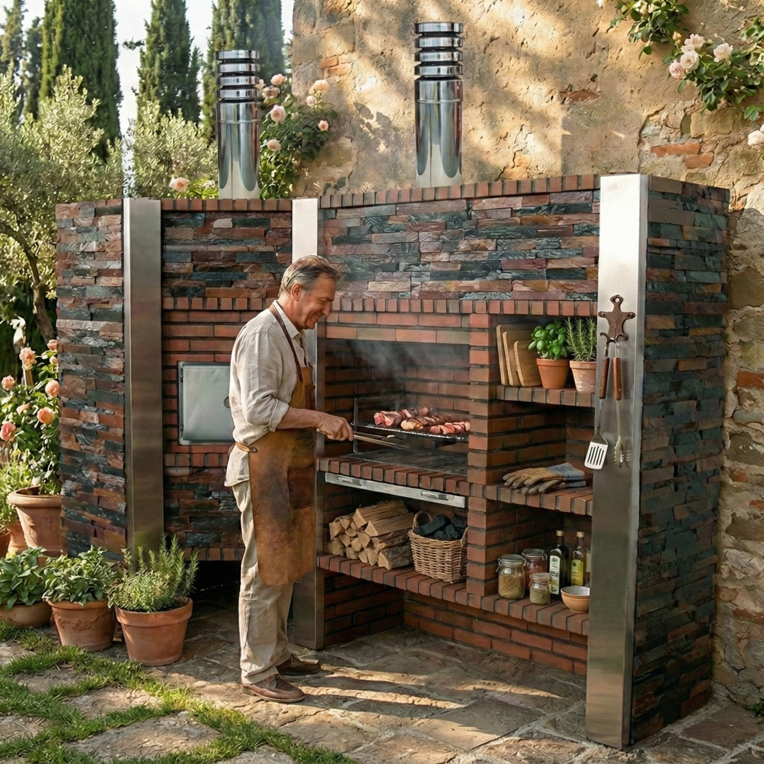 Inoxa 408 (Serie 400) – Eck-Außenküche mit Ø75 Ofen, Edelstahlgrill 80×38 & Steinzeugplatte