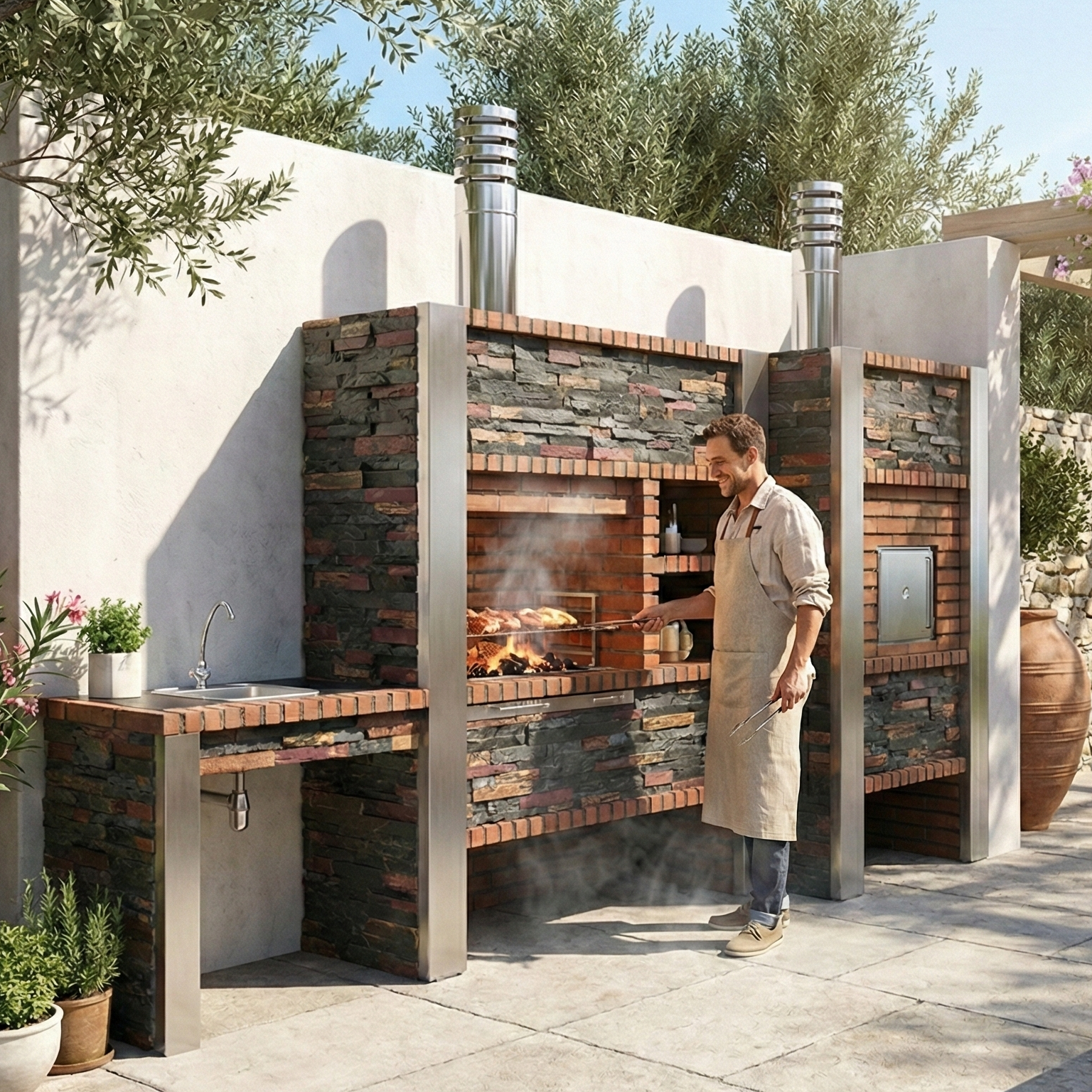 Inoxa 409 – Modulare Premium-Outdoor-Küche mit Ø75 cm Ofen, 80×38 Edelstahlgrill & Arbeitsplatte (Spüle optional)