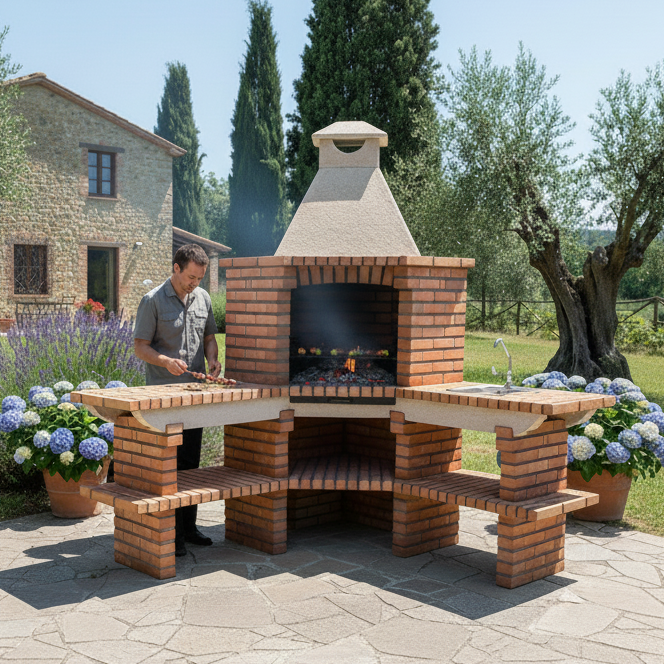 Eckgrill Angle TerraCotto 152 – Große Feuerstelle & Edelstahlspüle