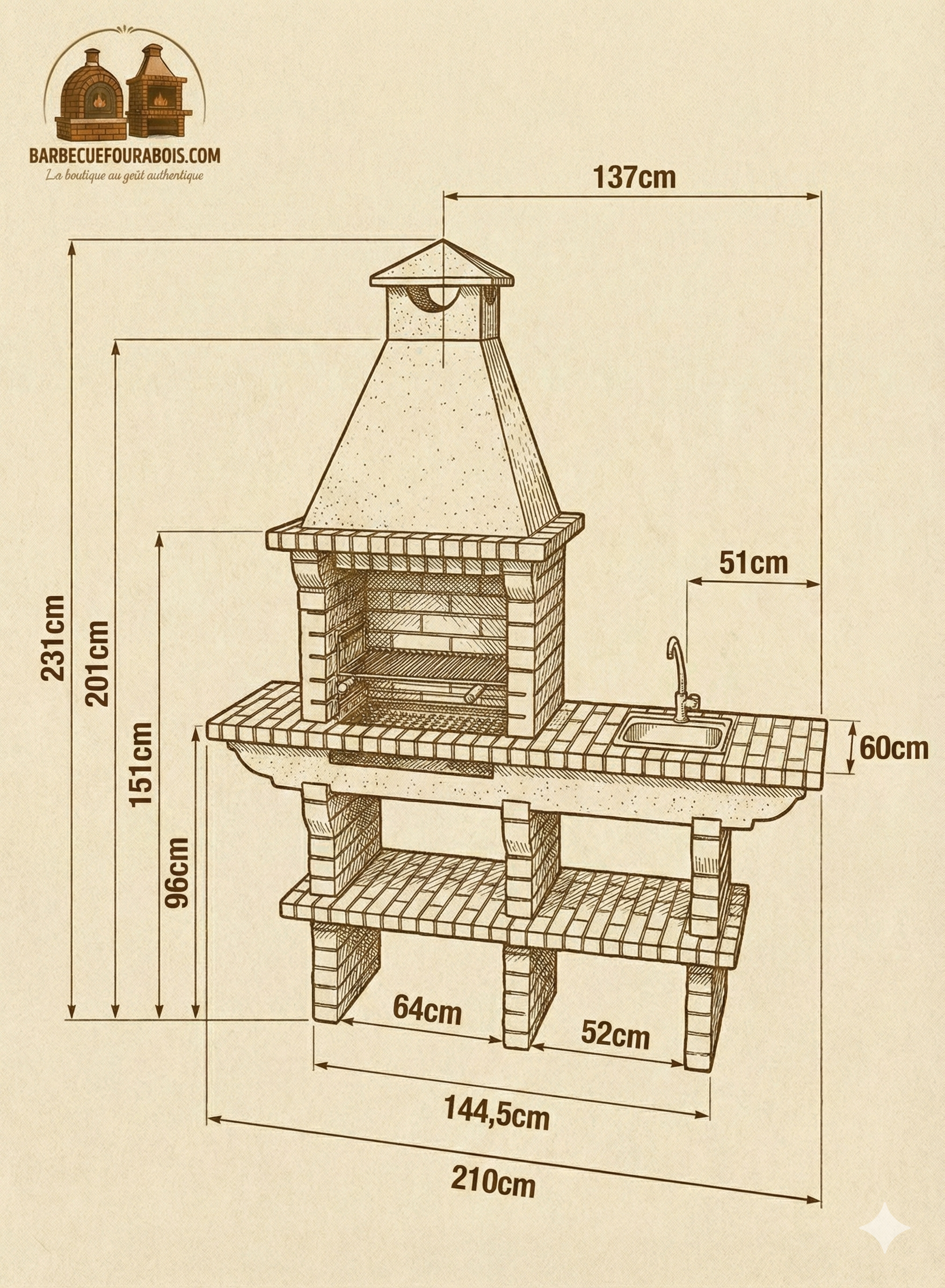 TerraCotto 122 Backstein-Grill – mit Edelstahlspüle & Backstein-Ablage