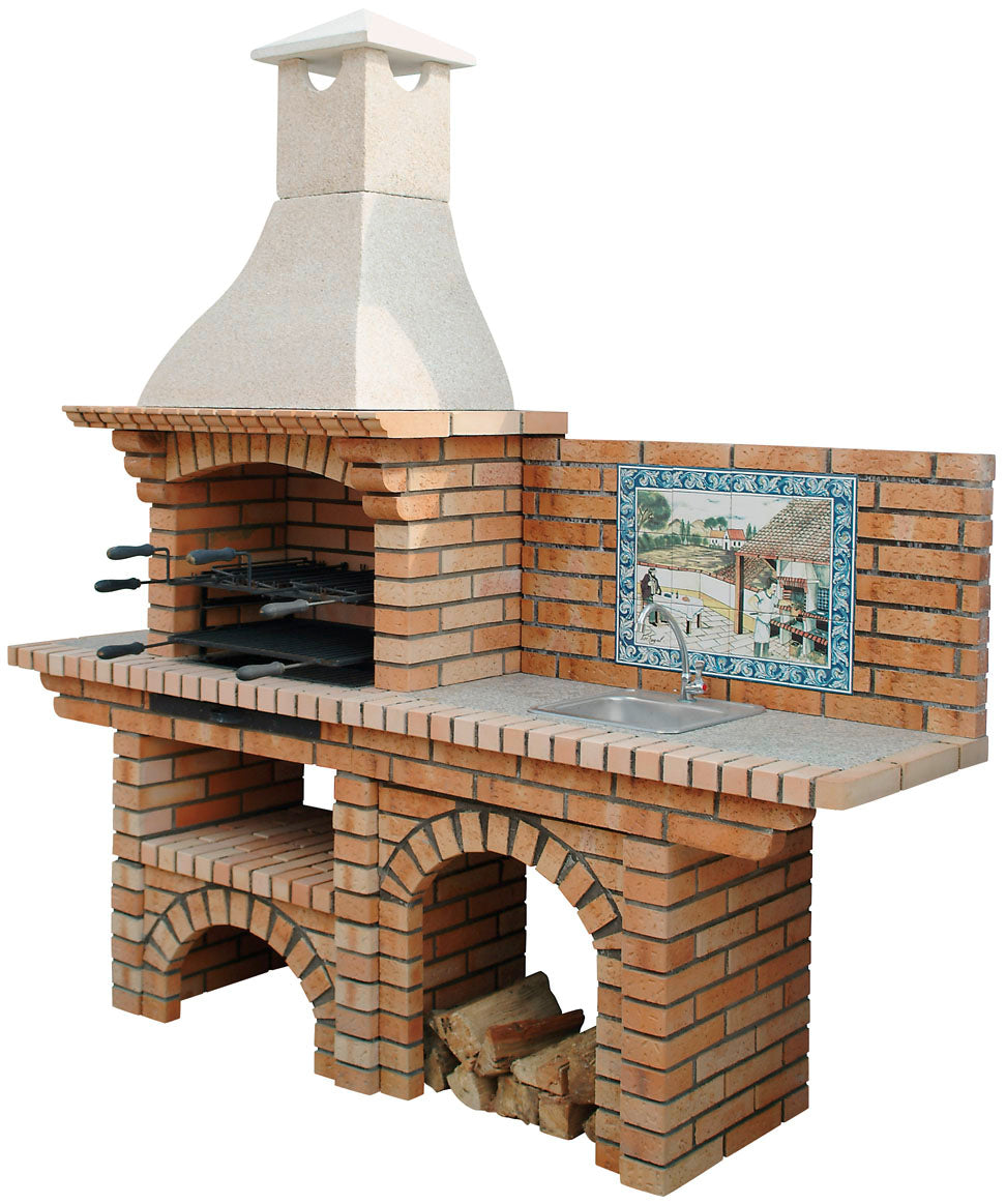 Calabria 502 – Ziegelgrill mit Arbeitsplatte (Seite wählbar) – inkl. Wandbild (Spüle + Edelstahlgrill optional)