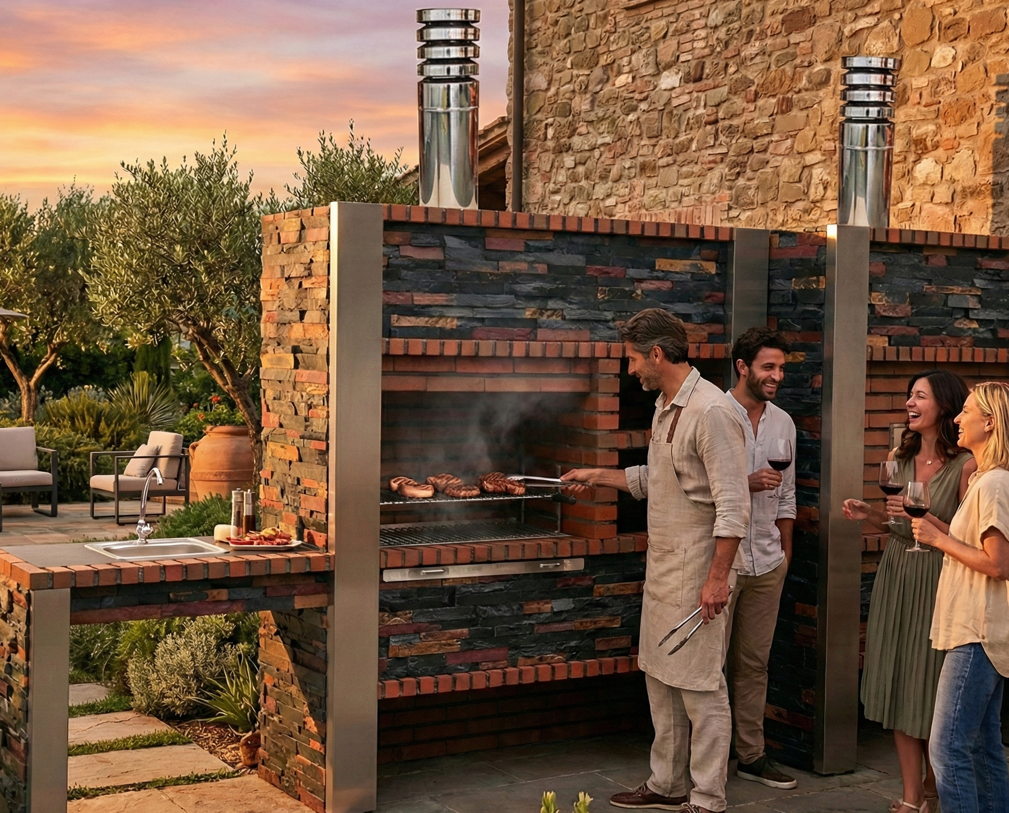 Inoxa 409 – Modulare Premium-Outdoor-Küche mit Ø75 cm Ofen, 80×38 Edelstahlgrill & Arbeitsplatte (Spüle optional)