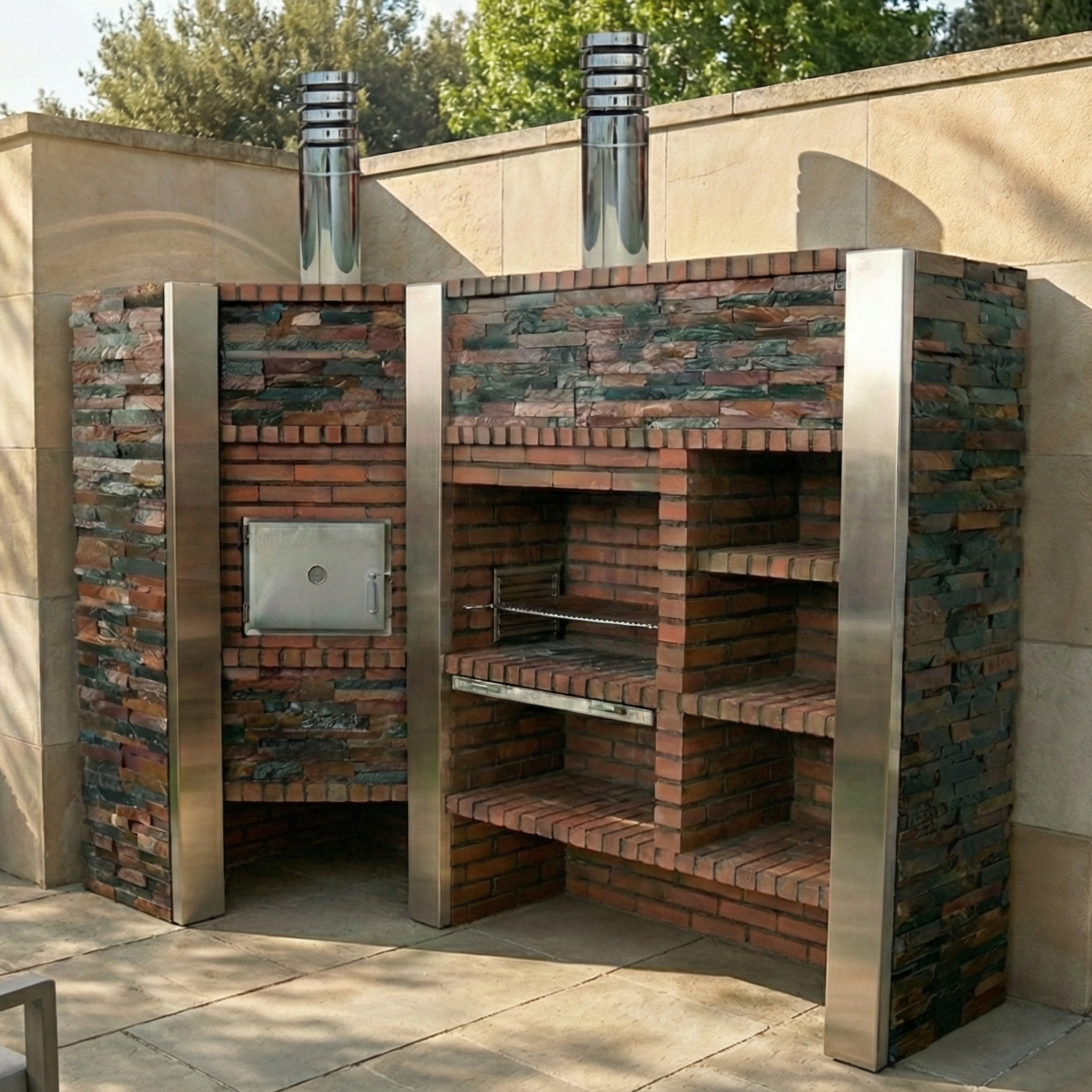 Inoxa 408 (Serie 400) – Eck-Außenküche mit Ø75 Ofen, Edelstahlgrill 80×38 & Steinzeugplatte