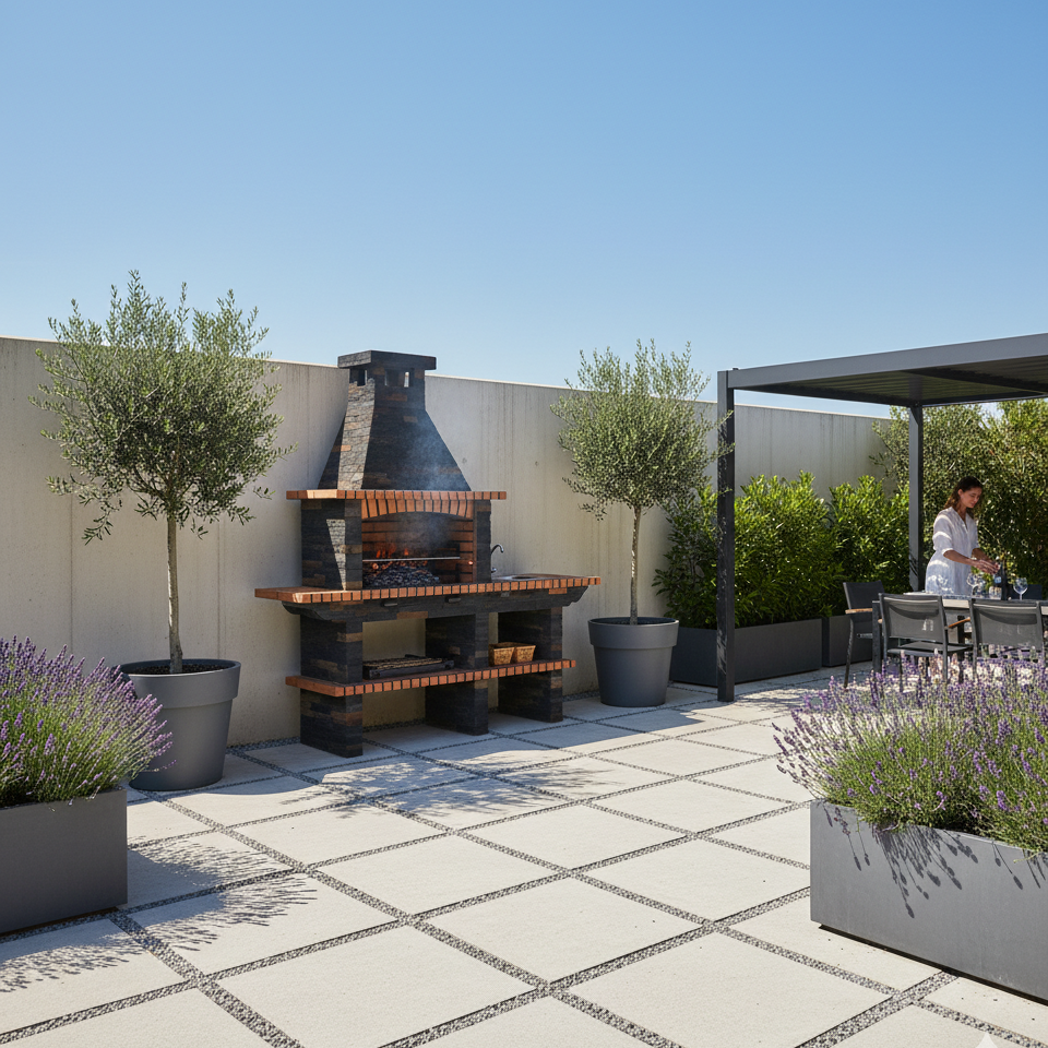 Rustika 208 – Grillkamin aus Kunststein mit Arbeitsplatte & Grillrost 80×38 (Spüle + Wasserhahn optional)