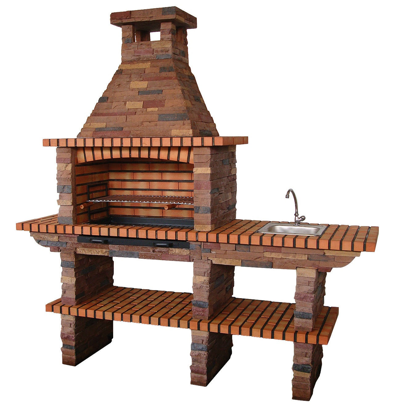 Rustika 208 – Grillkamin aus Kunststein mit Arbeitsplatte & Grillrost 80×38 (Spüle + Wasserhahn optional)
