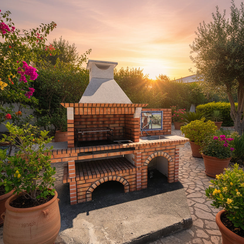 Kalabrien 326 – Grillkamin aus Ziegel & Kunststein mit großer Arbeitsplatte – Grillfläche 90 cm (Spüle + Fresko optional)