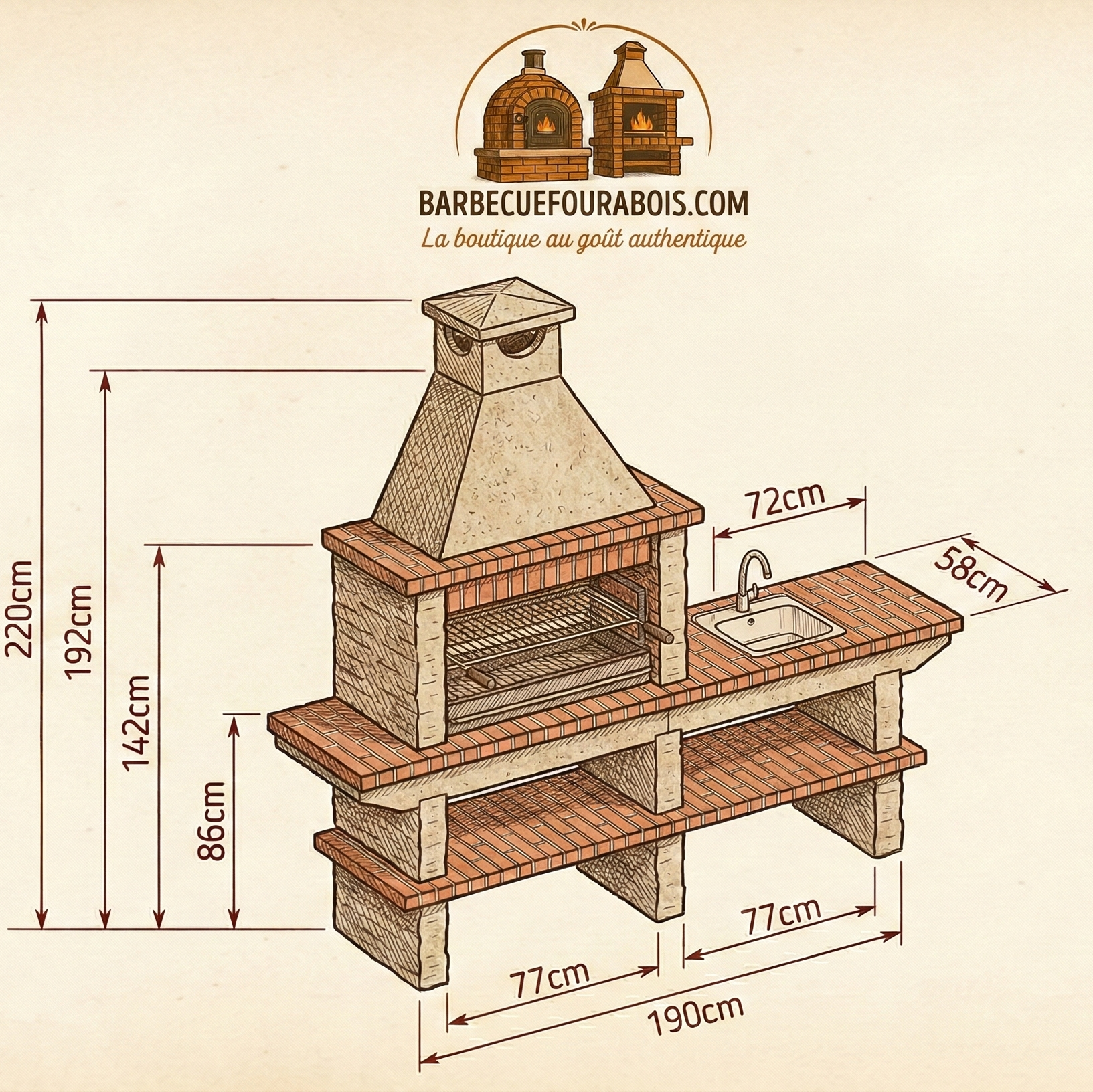 Basalto 380 – Grill aus Schiefer-Kunststein mit Erweiterung – 80 cm Grillrost (Grau oder Braun) – Edelstahlspüle optional