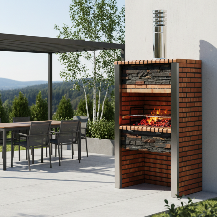 Inoxa 303 – Premium-Grill aus rekonstruiertem Stein mit Edelstahlsäulen (Grillrost 80×38 cm)