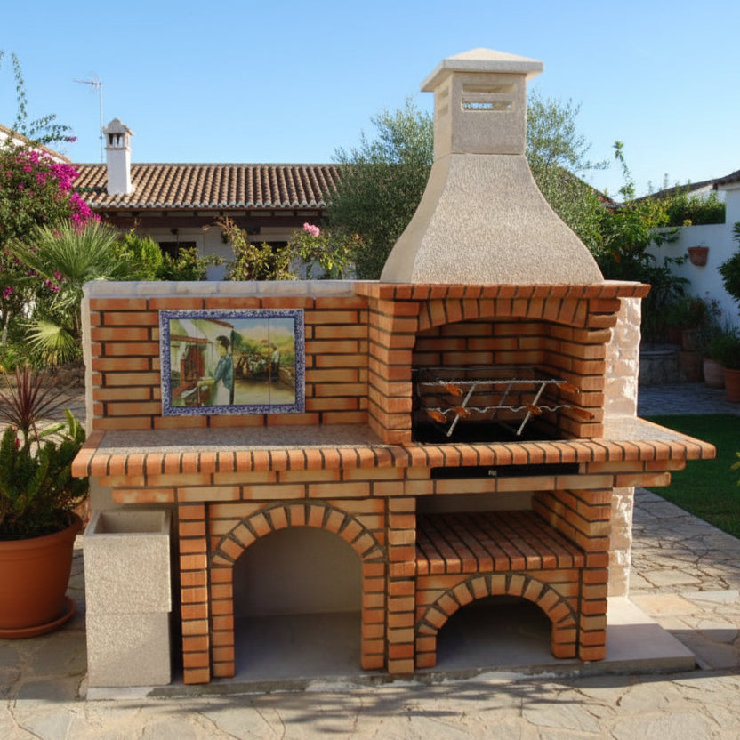 Calabria 502 – Ziegelgrill mit Arbeitsplatte (Seite wählbar) – inkl. Wandbild (Spüle + Edelstahlgrill optional)