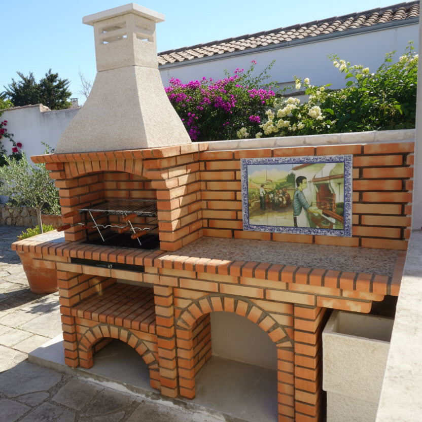 Calabria 502 – Ziegelgrill mit Arbeitsplatte (Seite wählbar) – inkl. Wandbild (Spüle + Edelstahlgrill optional)