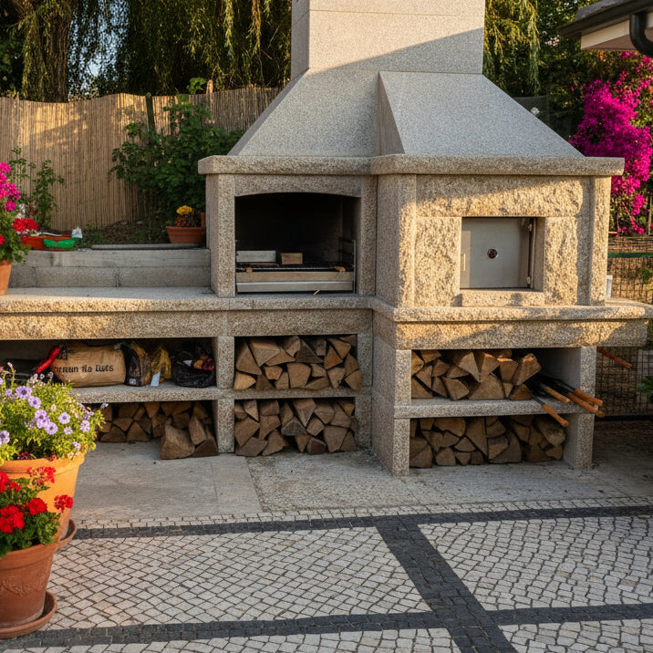 Granito 17 – Outdoor-Küche aus unbehandeltem Granit mit Ofen & Spülbecken (70 cm Grill)