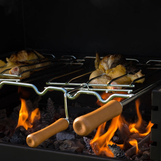 Doppel-Grillrost – Holzgriffe (Fisch & Grilladen) – Stahl oder Edelstahl – 5 Größen