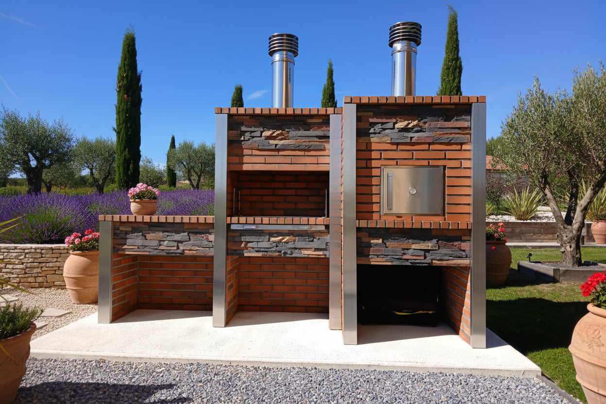 Inoxa 307 – Premium-Außenküche aus Kunststein mit Ø75 cm Backofen + 80×38 Grill und Sandsteinplatte