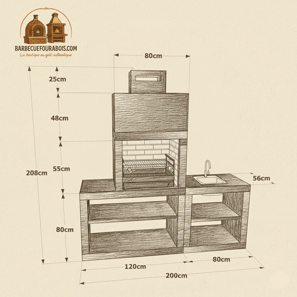 Linie 30 – Moderne Outdoor-Küche 200 cm (austauschbare Module) – 60 cm Grill aus Edelstahl, Spüle optional