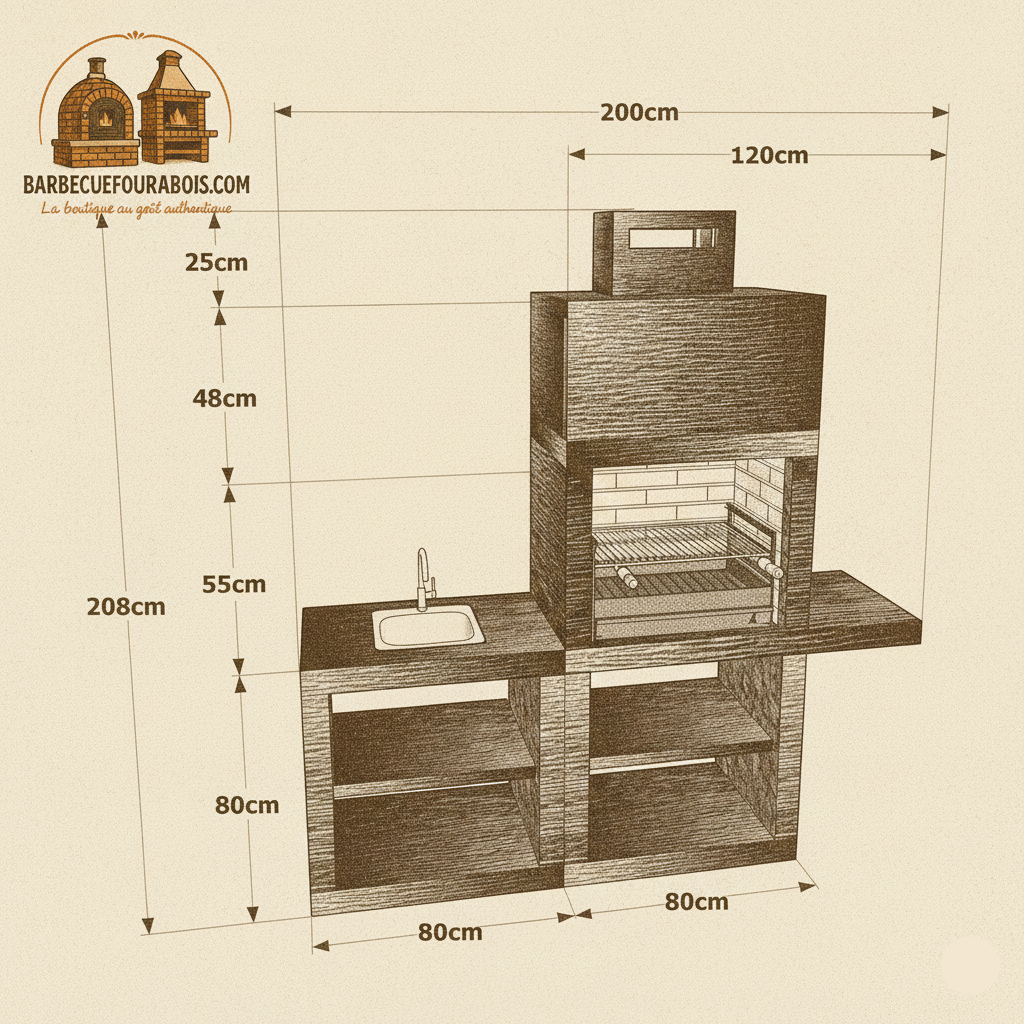 Linie 45 – Moderne Außenküche 200 cm (austauschbare Module) – 60 cm Stahlgrill, Spüle optional