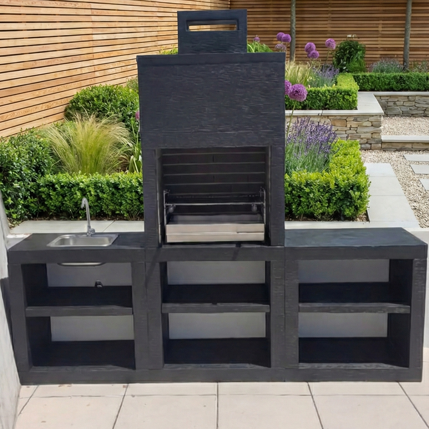 Linie 60 – Moderne Außenküche 240 cm (2 Module) – Grillplatte Stahl 60 cm, Spüle optional