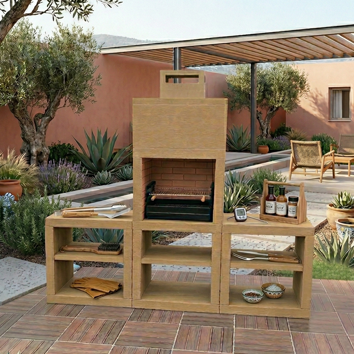 Linie 60 – Moderne Außenküche 240 cm (2 Module) – Grillplatte Stahl 60 cm, Spüle optional