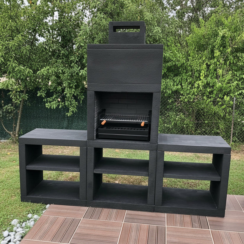 Linie 60 – Moderne Außenküche 240 cm (2 Module) – Grillplatte Stahl 60 cm, Spüle optional