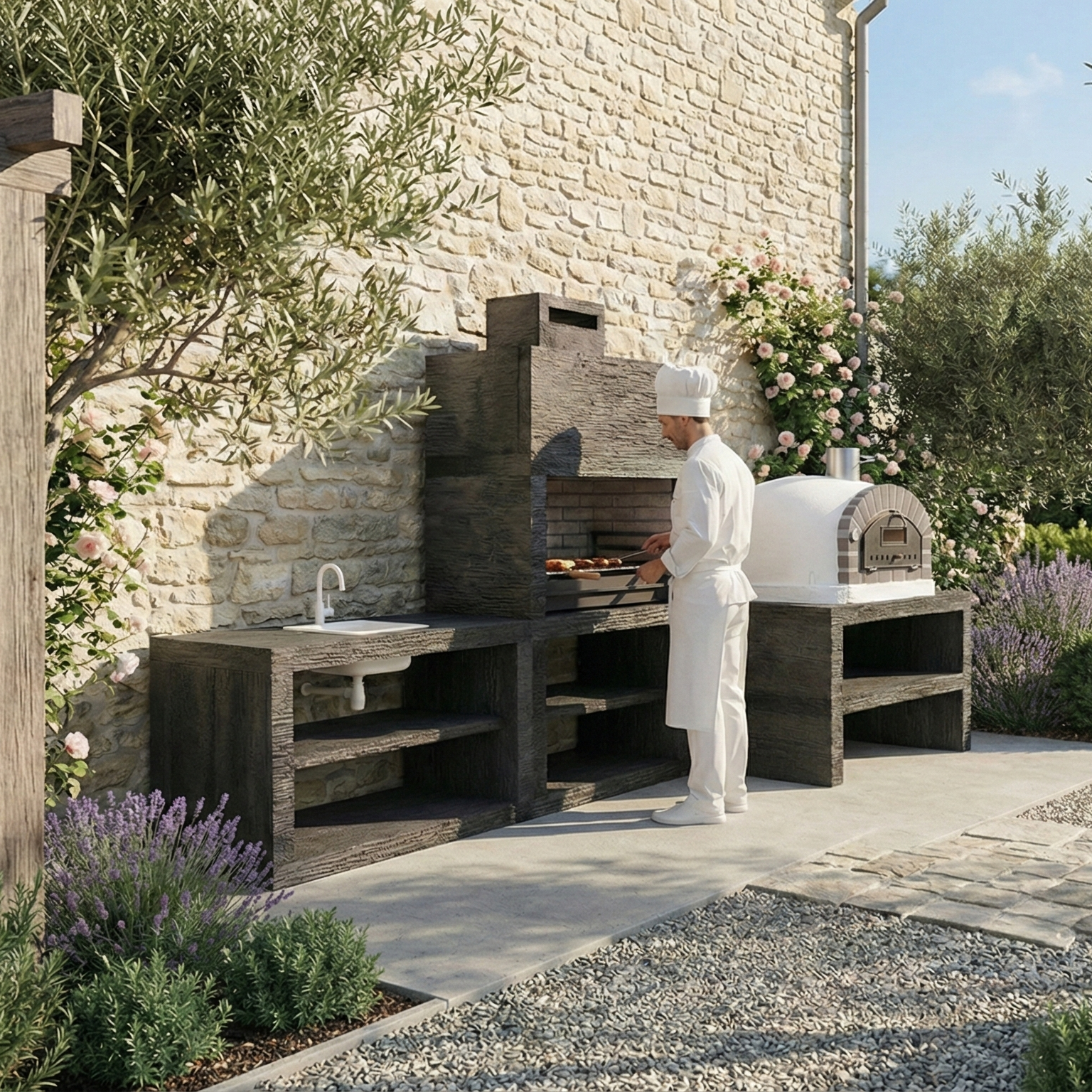 Linie 71F – Modulare Außenküche mit 80 cm Grill + 100×100 cm Ofenbank (Spüle optional)