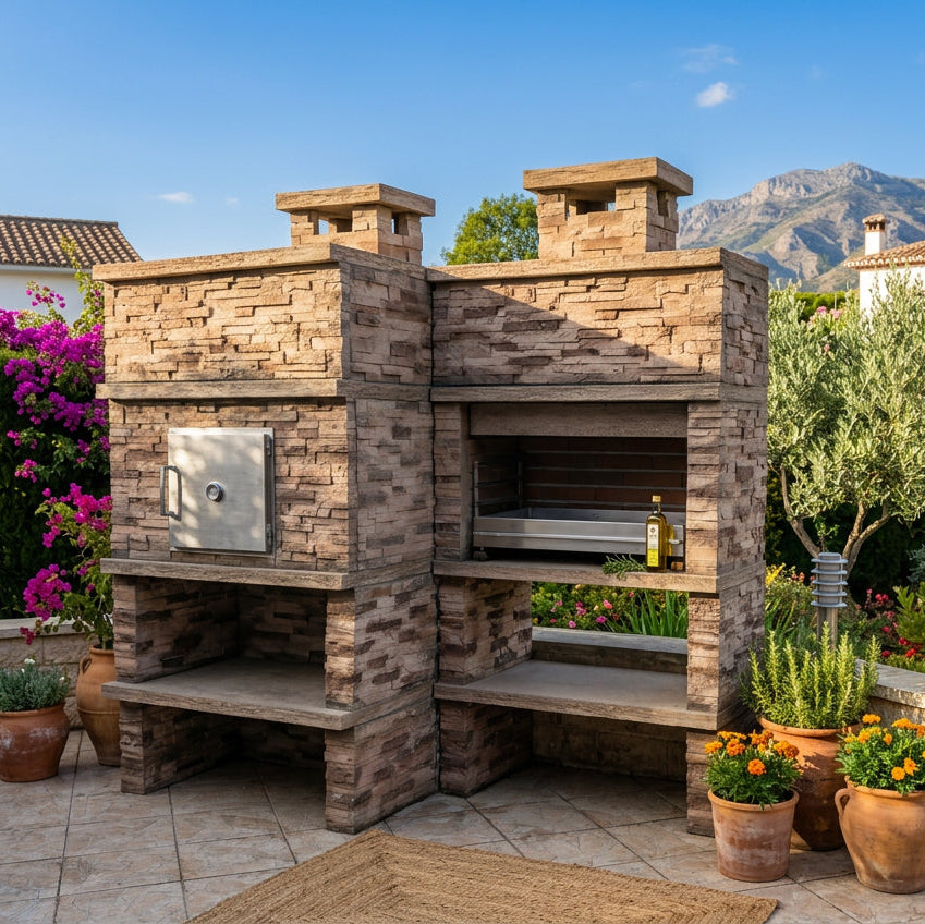 Montara 25 Four 90 – Barbecue aus Stein in Schieferoptik mit 80-cm-Grillrost und 90-cm-Holzofen