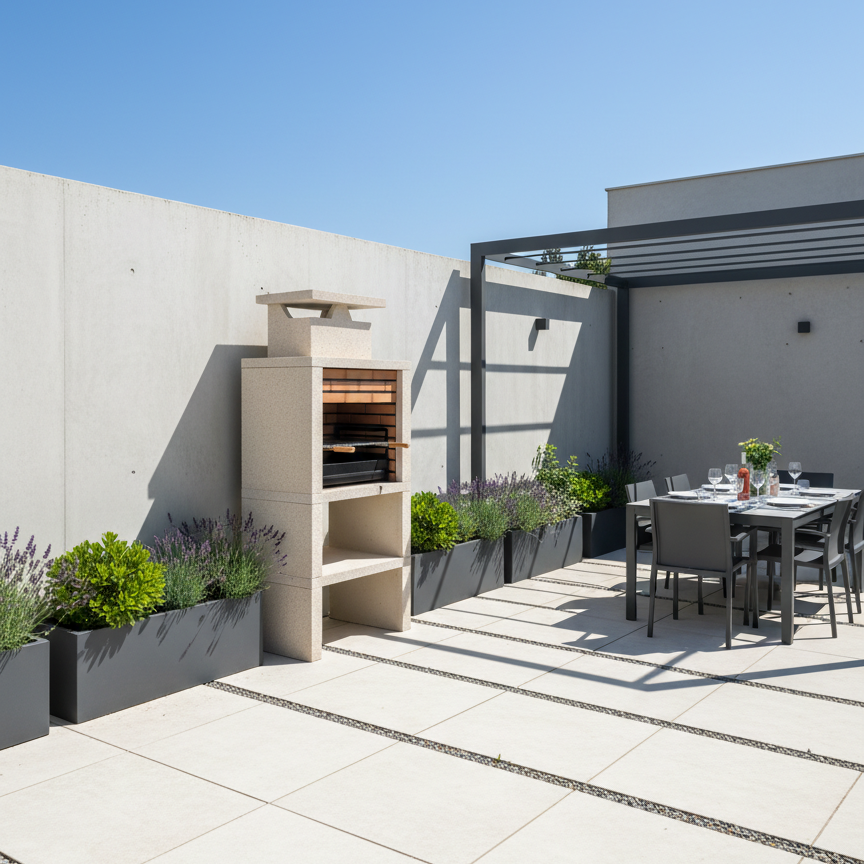 Nexa 601 – Moderner Grill aus gelbem Stein, Ziegel nach Wahl, Grillrost 60×40 cm