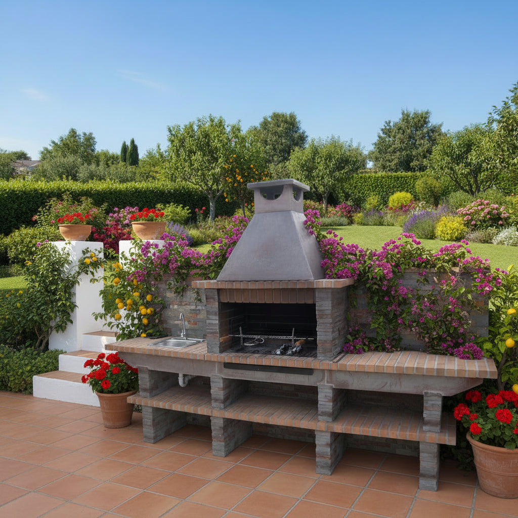 Basalto 480 – Reconstituted Stone Barbecue Imitating Slate with Large Table + Worktop – 80 cm Grill (Gray or Brown) – Stainless Steel Sink Optional