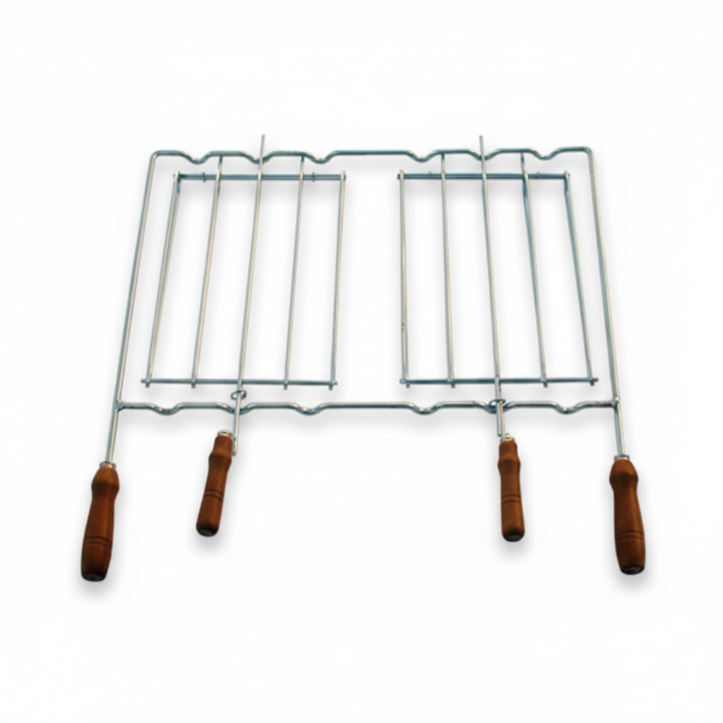 Doppel-Grillrost – Holzgriffe (Fisch & Grilladen) – Stahl oder Edelstahl – 5 Größen