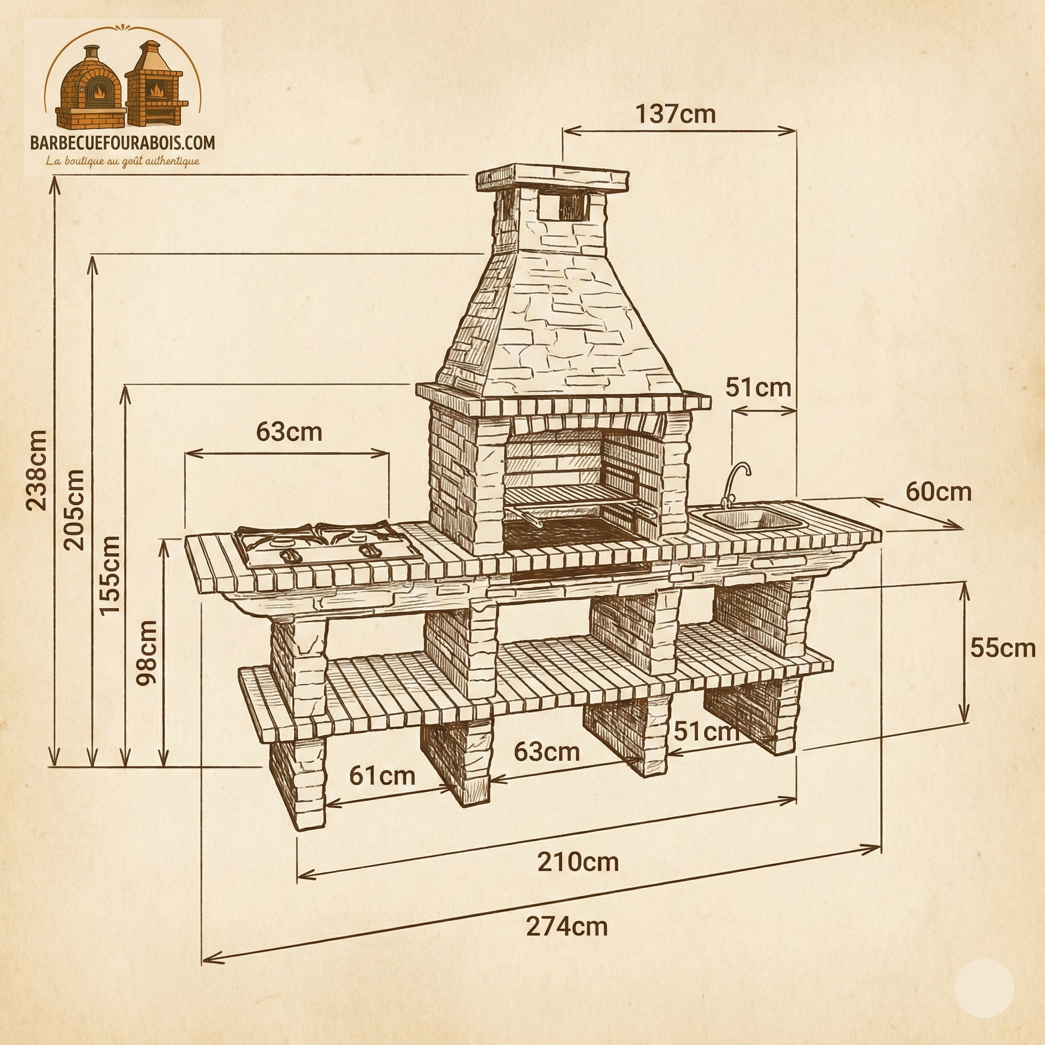 Rustika 209 – Grill aus Kunststein mit doppelter Arbeitsplatte (Waschbecken optional)