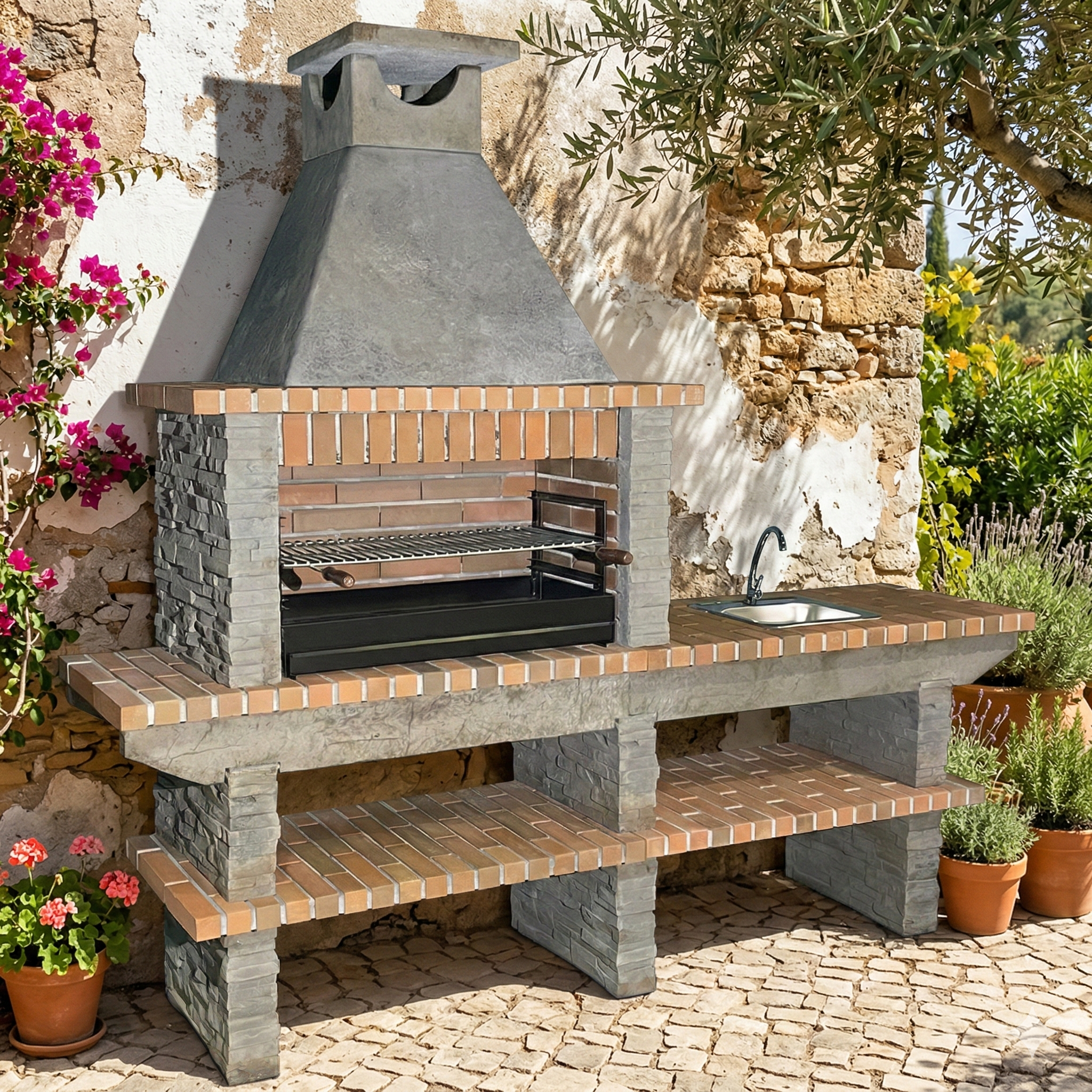 Basalto 380 – Grill aus Schiefer-Kunststein mit Erweiterung – 80 cm Grillrost (Grau oder Braun) – Edelstahlspüle optional