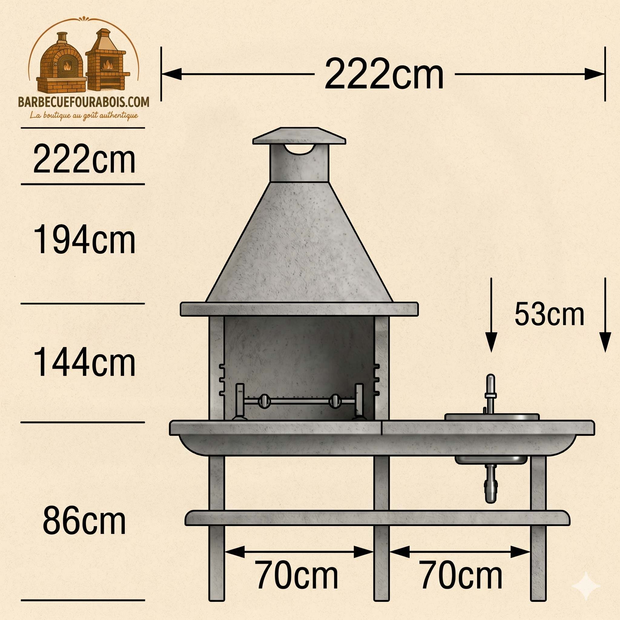 Basalto 360 – Grillkamin aus Schiefer-Kunststein mit Spüle + Edelstahlhahn – Grillrost 60 cm (Grau oder Braun)