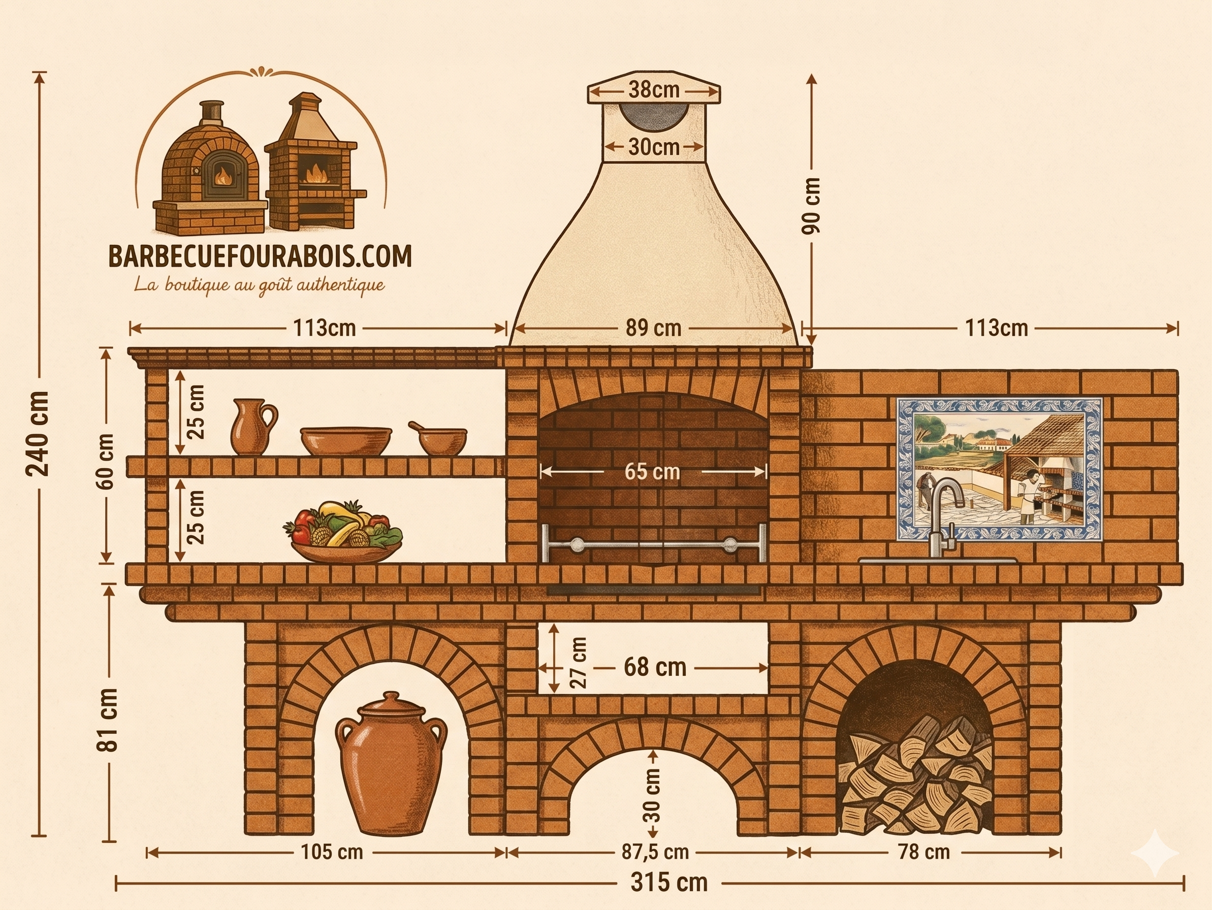 Calabria 601 – Barbecue komplett aus Ziegeln mit 2 Tischen (Regale + Spüle optional) – Fresko inbegriffen