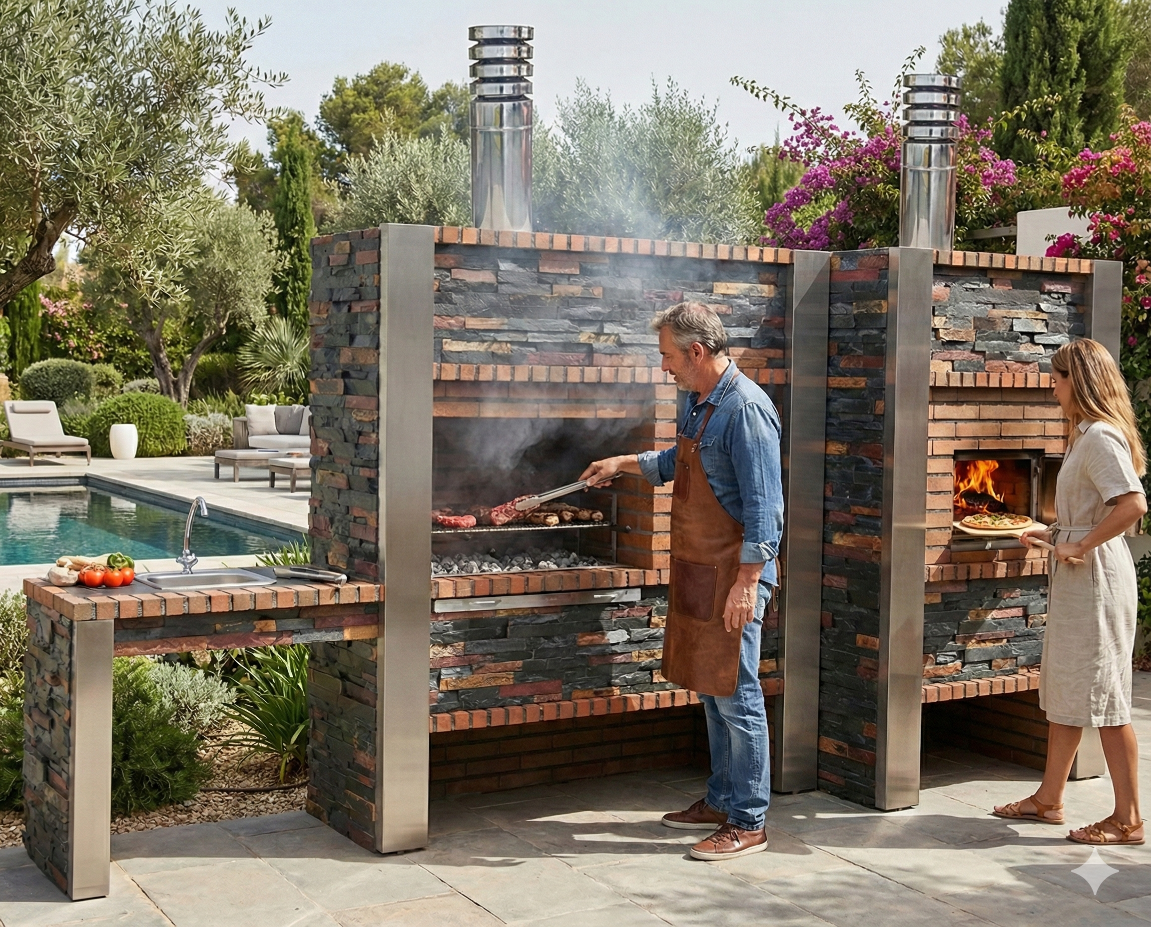 Inoxa 409 – Modulare Premium-Outdoor-Küche mit Ø75 cm Ofen, 80×38 Edelstahlgrill & Arbeitsplatte (Spüle optional)