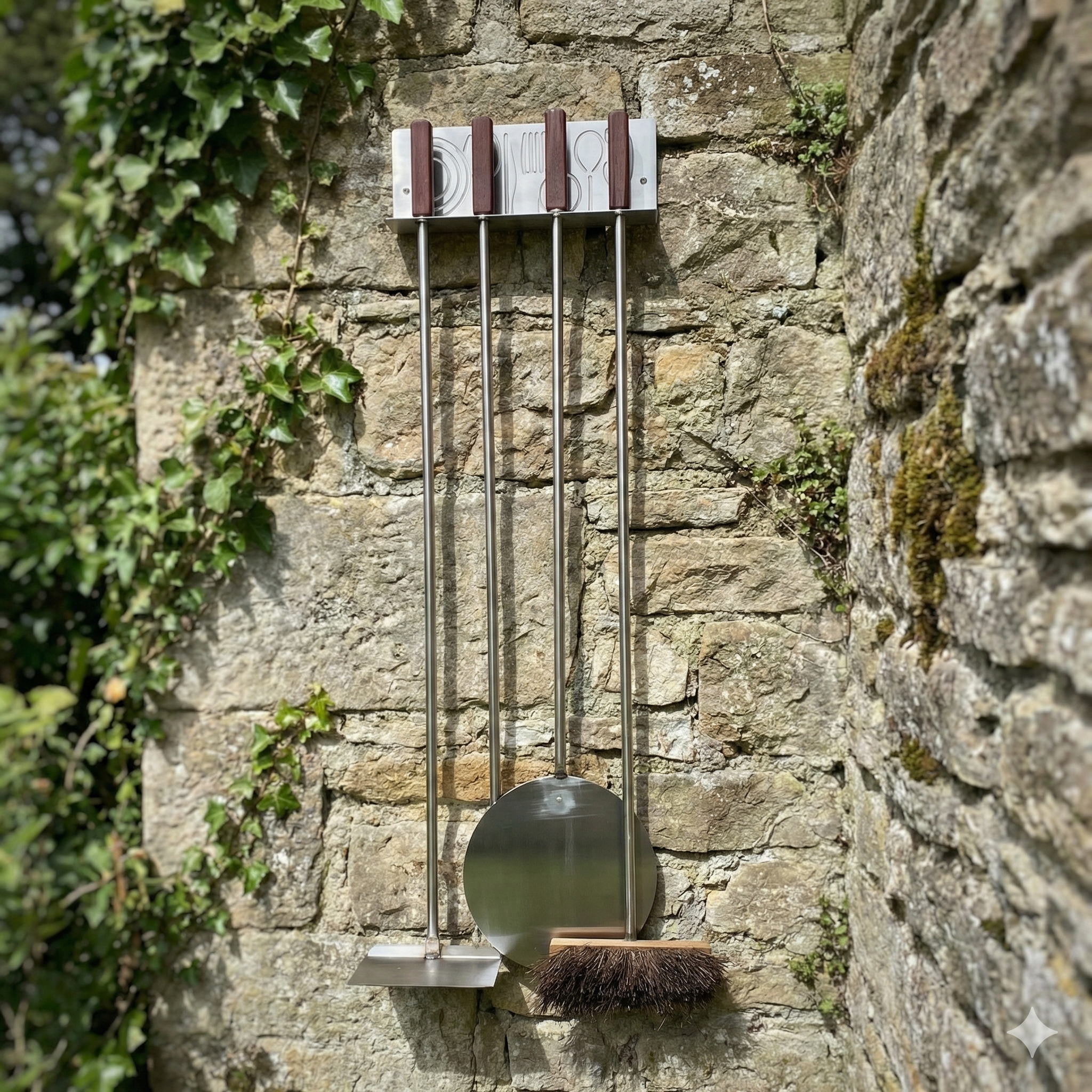 Ofen-Werkzeugset aus 100 % Edelstahl – 4 Werkzeuge + Wandhalterung (140 cm)