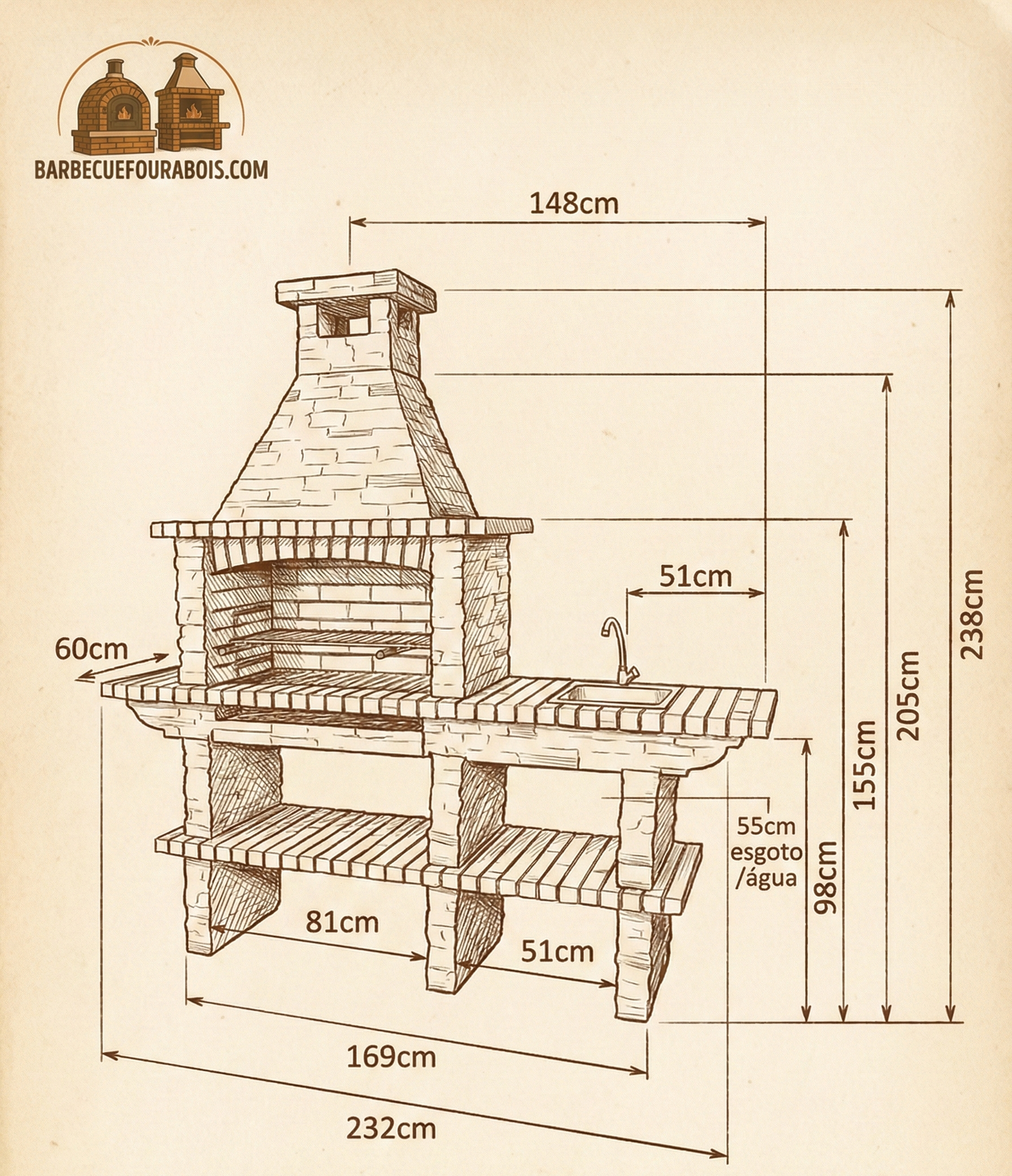 Rustika 208 – Grillkamin aus Kunststein mit Arbeitsplatte & Grillrost 80×38 (Spüle + Wasserhahn optional)
