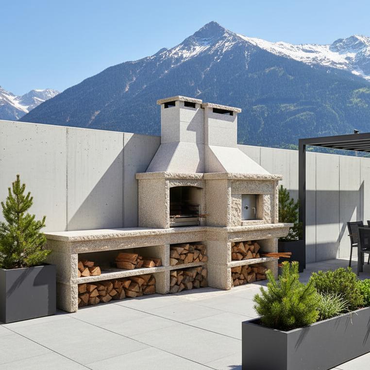 Granito 17 – Outdoor-Küche aus unbehandeltem Granit mit Ofen & Spülbecken (70 cm Grill)