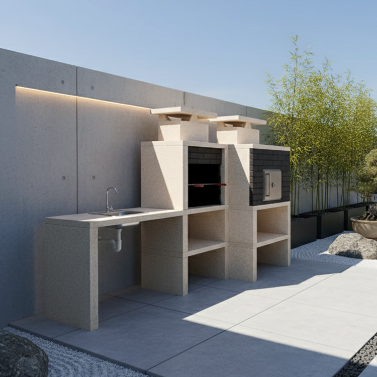 Nexa 614 – Moderner Grill mit Backofen Ø75 cm + Spüle (umkehrbar) – Grillrost 60×40 (Edelstahl optional)