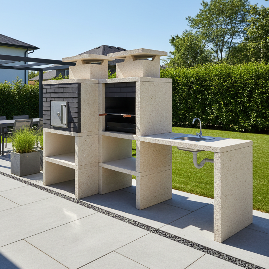 Nexa 614 – Moderner Grill mit Backofen Ø75 cm + Spüle (umkehrbar) – Grillrost 60×40 (Edelstahl optional)