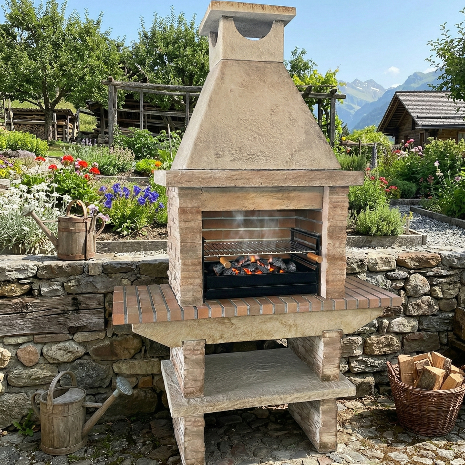 Basalto 260 – Grillkamin aus Schiefer-Betonguss mit Seitenablagen (Grau oder Braun) – 60 cm Grillfläche