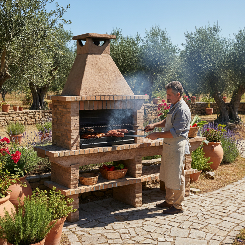 Basalto 380 – Grill aus Schiefer-Kunststein mit Erweiterung – 80 cm Grillrost (Grau oder Braun) – Edelstahlspüle optional