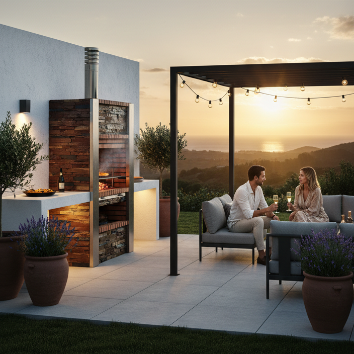 Inoxa 401 – Premium-Grill der Serie 400 aus Kunststein & Schiefer, Säulen aus Edelstahl (Edelstahlrost 80×38 enthalten)