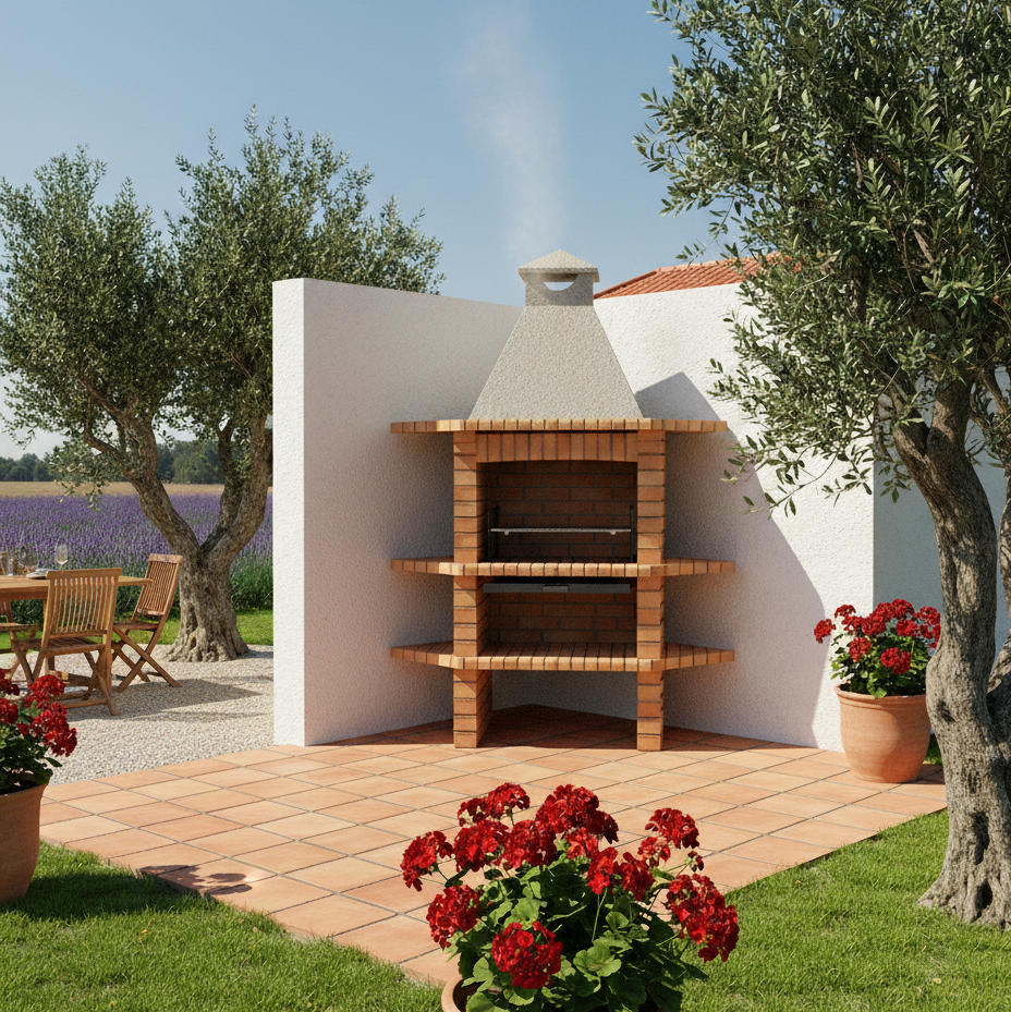 Brava 128 – Eck-Gartengrill aus Ziegelstein mit Seitenablagen & Grillrost 69×48 cm (Edelstahl optional)