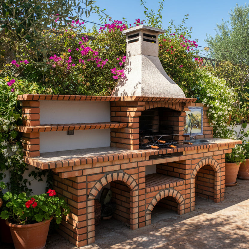 Calabria 601 – Barbecue komplett aus Ziegeln mit 2 Tischen (Regale + Spüle optional) – Fresko inbegriffen