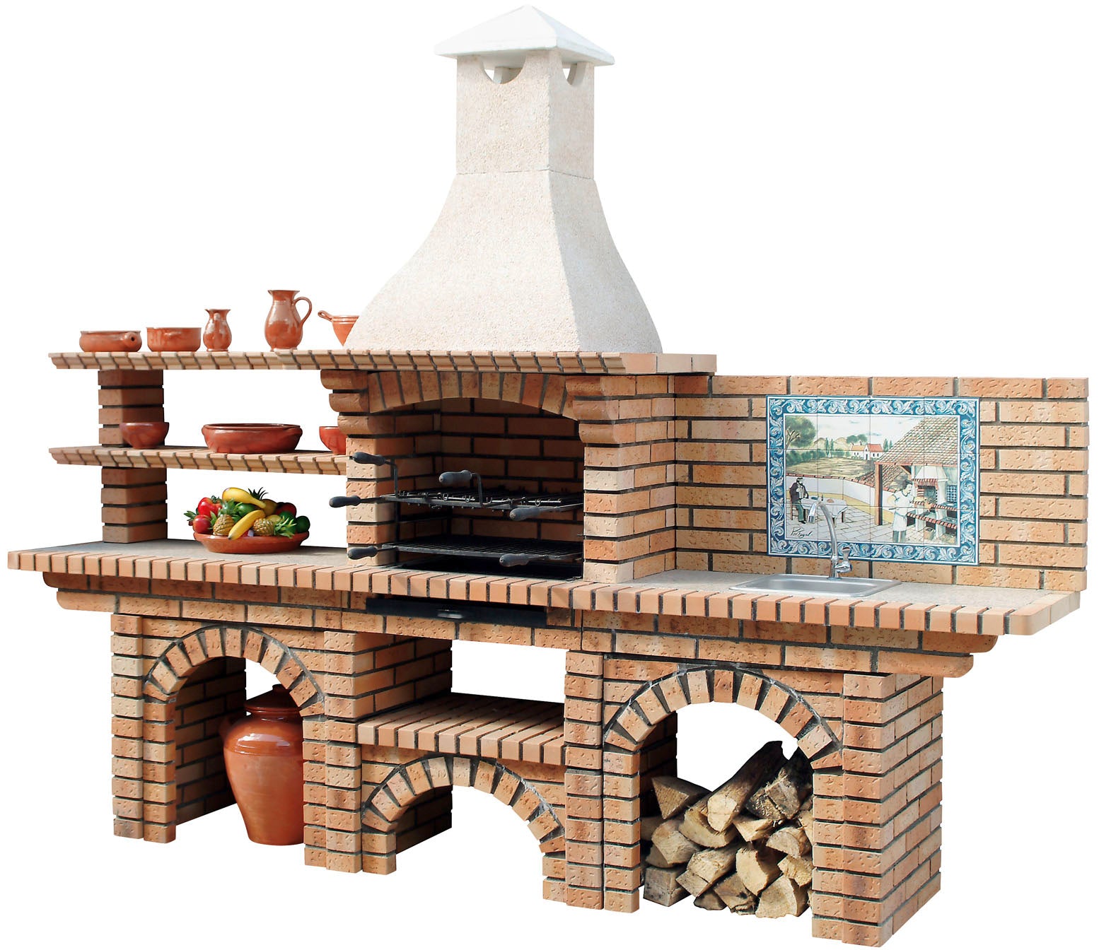 Calabria 601 – Barbecue komplett aus Ziegeln mit 2 Tischen (Regale + Spüle optional) – Fresko inbegriffen