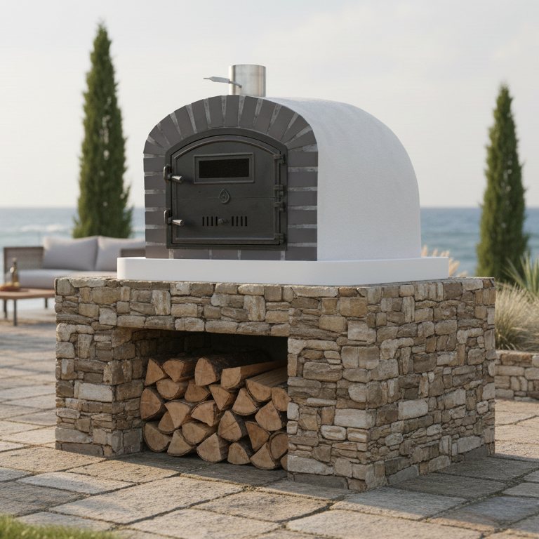 BRACIARO 120 cm Holzofen – Pizzaofen &amp; Drehspieß, Grauziegel