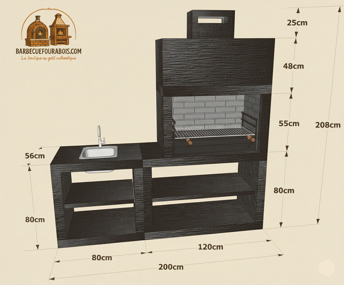 Linie 35 – Moderne Außenküche 200 cm (austauschbare Module) – 80 cm Stahlgrill, Spüle optional
