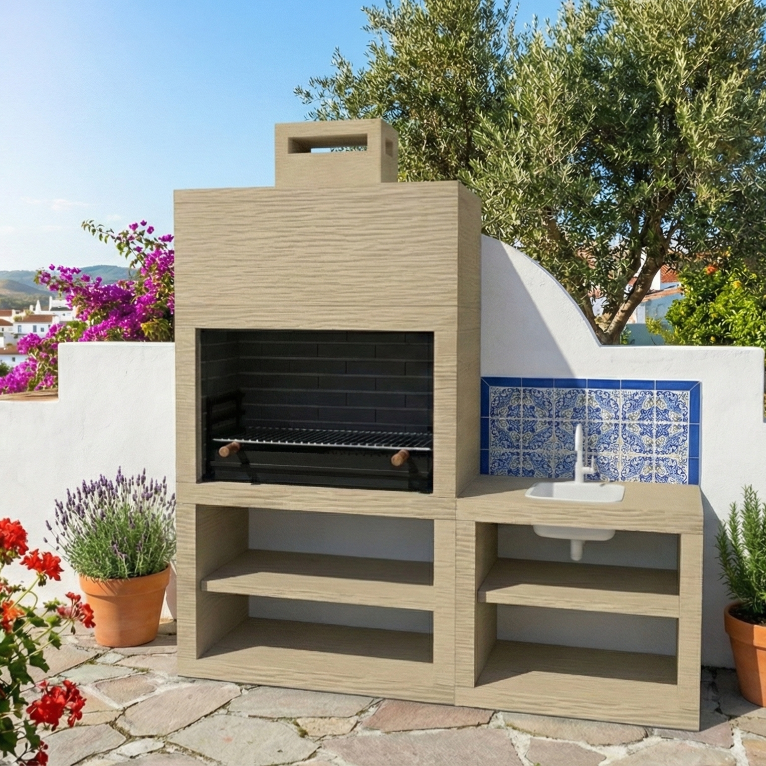 Linie 42 – Moderne Außenküche 200 cm (4 Farben) – Grill 80 cm aus Stahl, Spüle optional