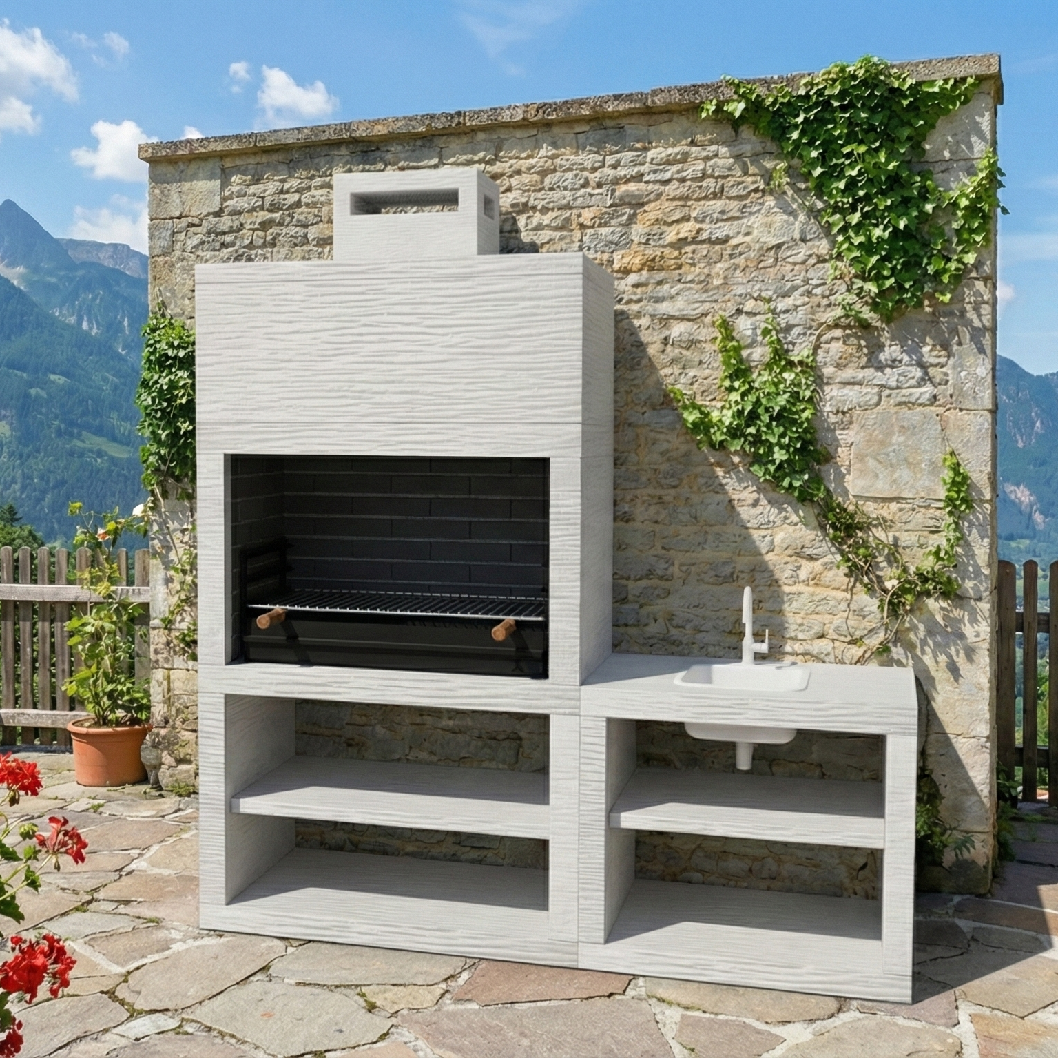Linie 42 – Moderne Außenküche 200 cm (4 Farben) – Grill 80 cm aus Stahl, Spüle optional