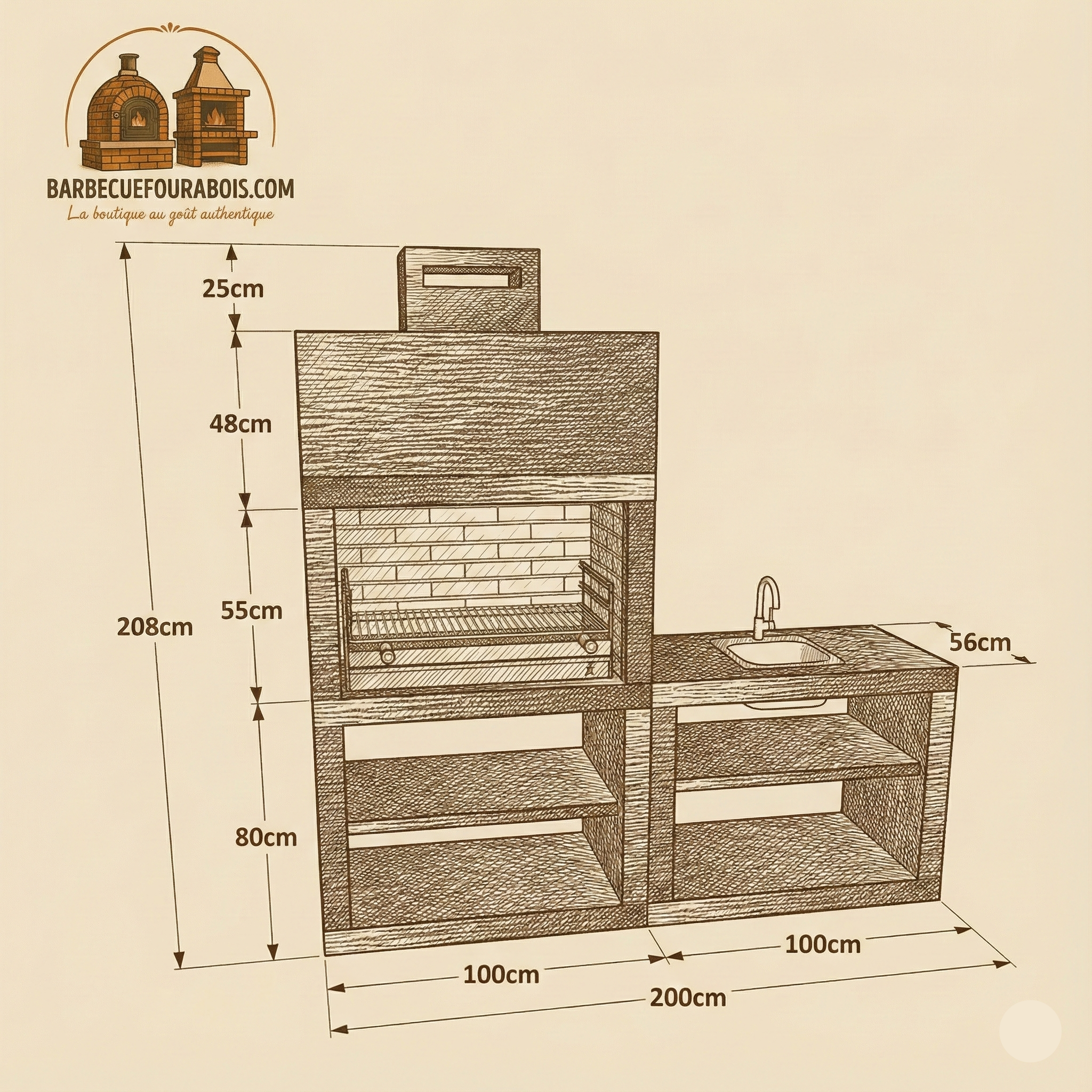 Linie 42 – Moderne Außenküche 200 cm (4 Farben) – Grill 80 cm aus Stahl, Spüle optional